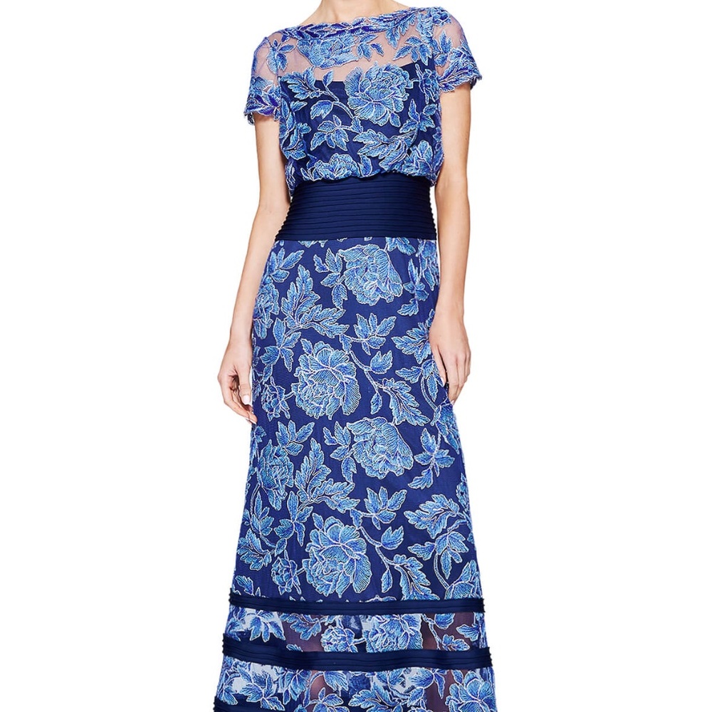 Tadashi Shoji Blue Floral Embroidered Lace Yasmin Gown